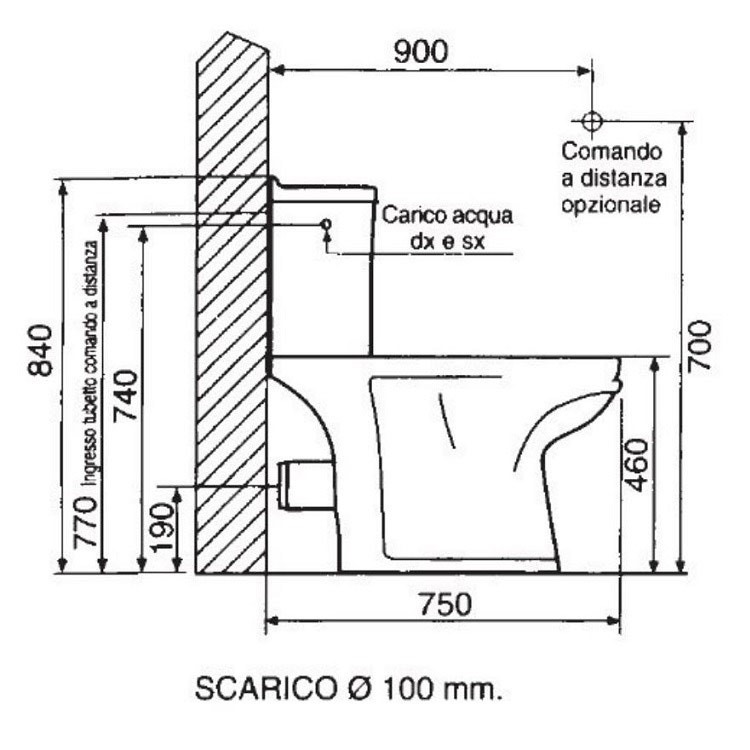 Immagine di Bocchi WABI 2, W.C./bidet per disabili a pavimento senza sedile, apertura anteriore per doccetta, completo di cassetta di scarico, batteria e comando di scarico di tipo pneumatico NS96101