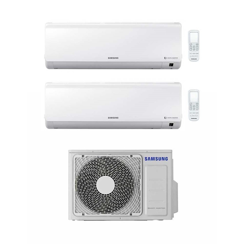 Immagine di Samsung NEW STYLE PLUS R32 Climatizzatore dual split inverter Bianco | unità esterna 5 kW unità interne 9000+12000 BTU AJ050NCJ2EG/EU+AR09NXFHBWKNEU+AR12NXFHBWKNEU