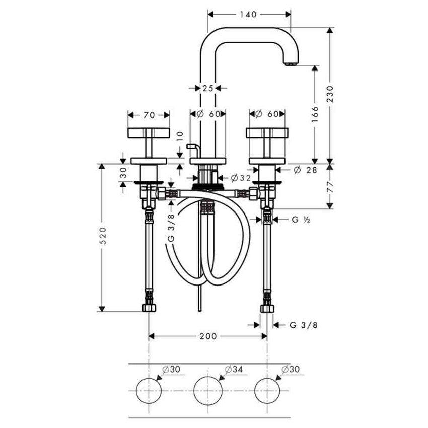 Immagine di Axor CITTERIO rubinetteria 3 fori lavabo 170, con bocca d'erogazione 14 cm, maniglie a croce, set di scarico pop-up e piastrine, finitura cromo 39133000
