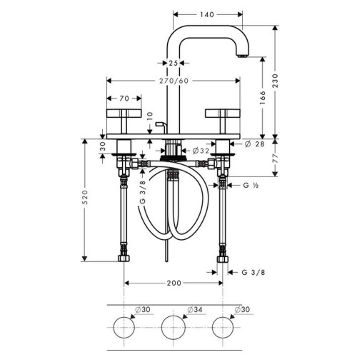 Immagine di Axor CITTERIO rubinetteria 3 fori lavabo 170, con bocca d'erogazione 14 cm, maniglie a croce, set di scarico pop-up e piastra, finitura cromo 39134000