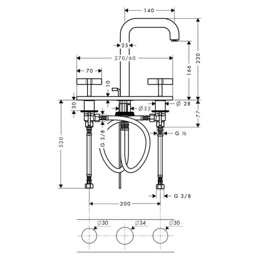 Immagine di Axor CITTERIO rubinetteria 3 fori lavabo 170, con bocca d'erogazione 14 cm, maniglie a croce, set di scarico pop-up e piastra, finitura cromo 39134000