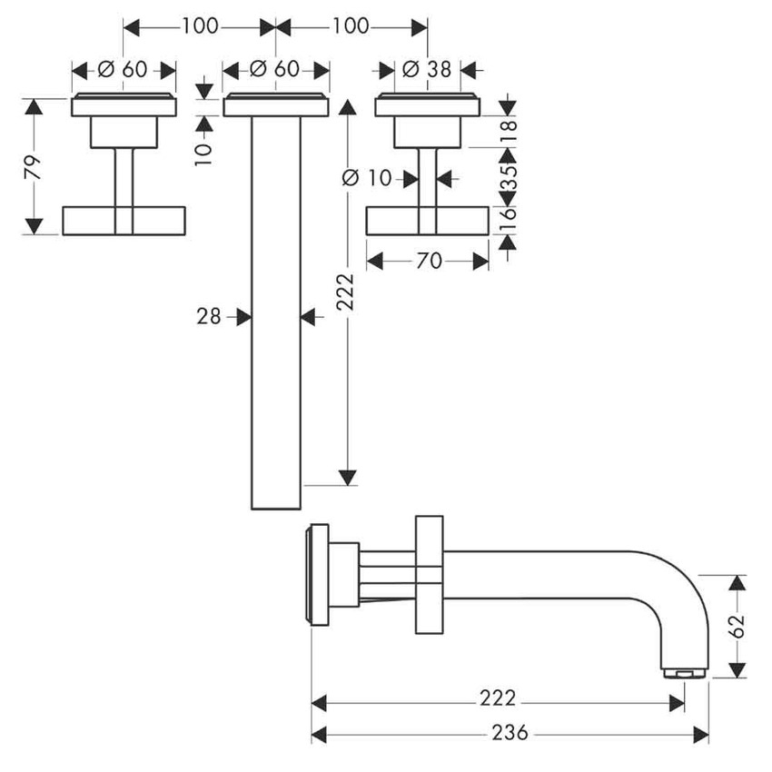 Immagine di Axor CITTERIO rubinetteria 3 fori lavabo, ad incasso a parete, con bocca d'erogazione 22,2 cm, maniglie a croce e piastrine, finitura cromo 39143000