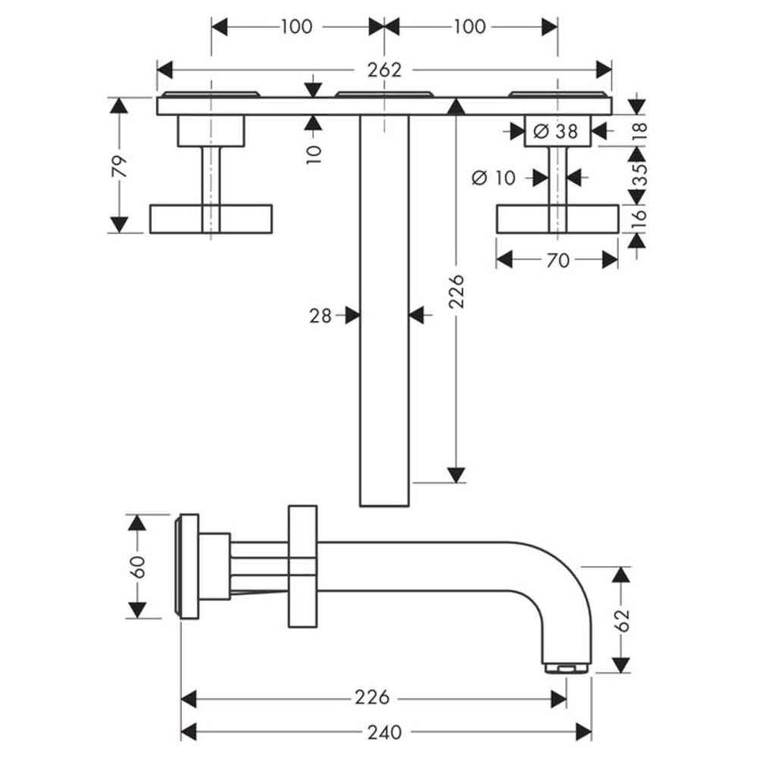 Immagine di Axor CITTERIO rubinetteria 3 fori lavabo, ad incasso a parete, con bocca d'erogazione 22,6 cm, maniglie a croce e piastrine, finitura cromo 39144000