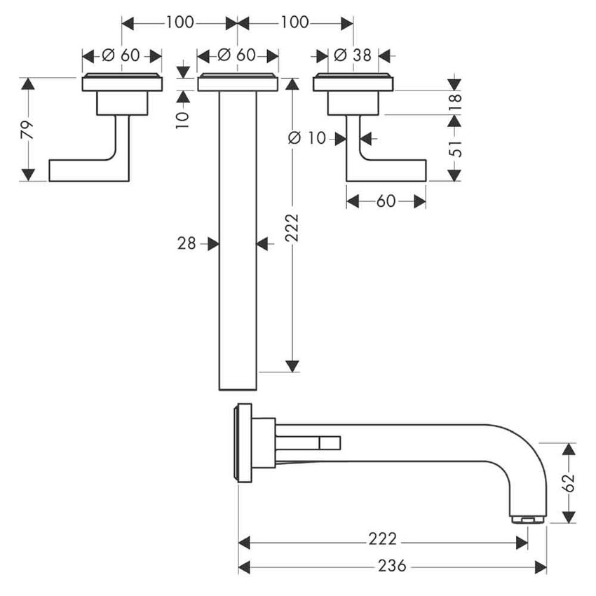Immagine di Axor CITTERIO rubinetteria 3 fori lavabo, ad incasso a parete, con bocca d'erogazione 22,2 cm, maniglie a leva e piastrine, finitura cromo 39147000