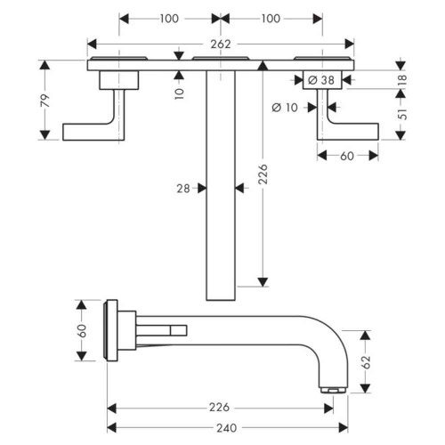 Immagine di Axor CITTERIO rubinetteria 3 fori lavabo, ad incasso a parete, con bocca d'erogazione 22,6 cm, maniglia a leva e piastra, finitura cromo 39148000