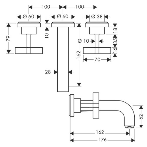 Immagine di Axor CITTERIO rubinetteria 3 fori lavabo, ad incasso a parete, con bocca d'erogazione 16,2 cm, con maniglie a croce e piastrine, finitura cromo 39313000