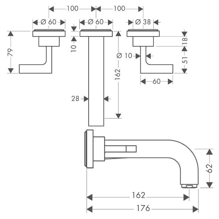 Immagine di Axor CITTERIO rubinetteria 3 fori, ad incasso a parete, con bocca d'erogazione 16,2 cm, maniglie a leva e piastrine, finitura cromo 39315000