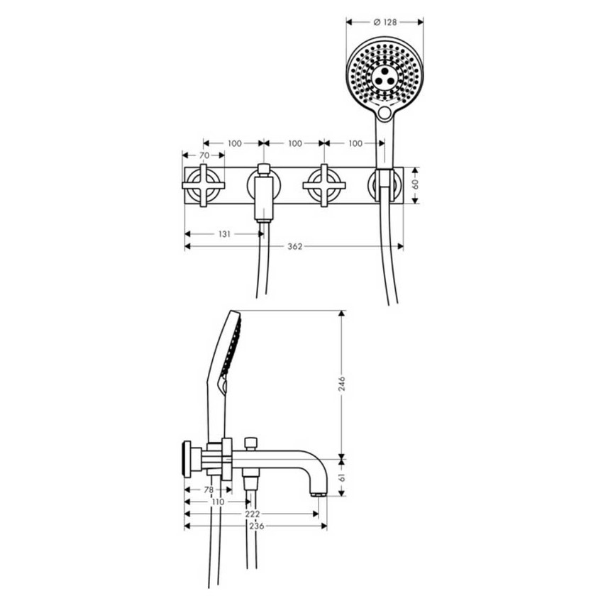 Immagine di Axor CITTERIO rubinetteria 3 fori per vasca, ad incasso a parete, con maniglie a croce e piastrine, finitura cromo 39441000