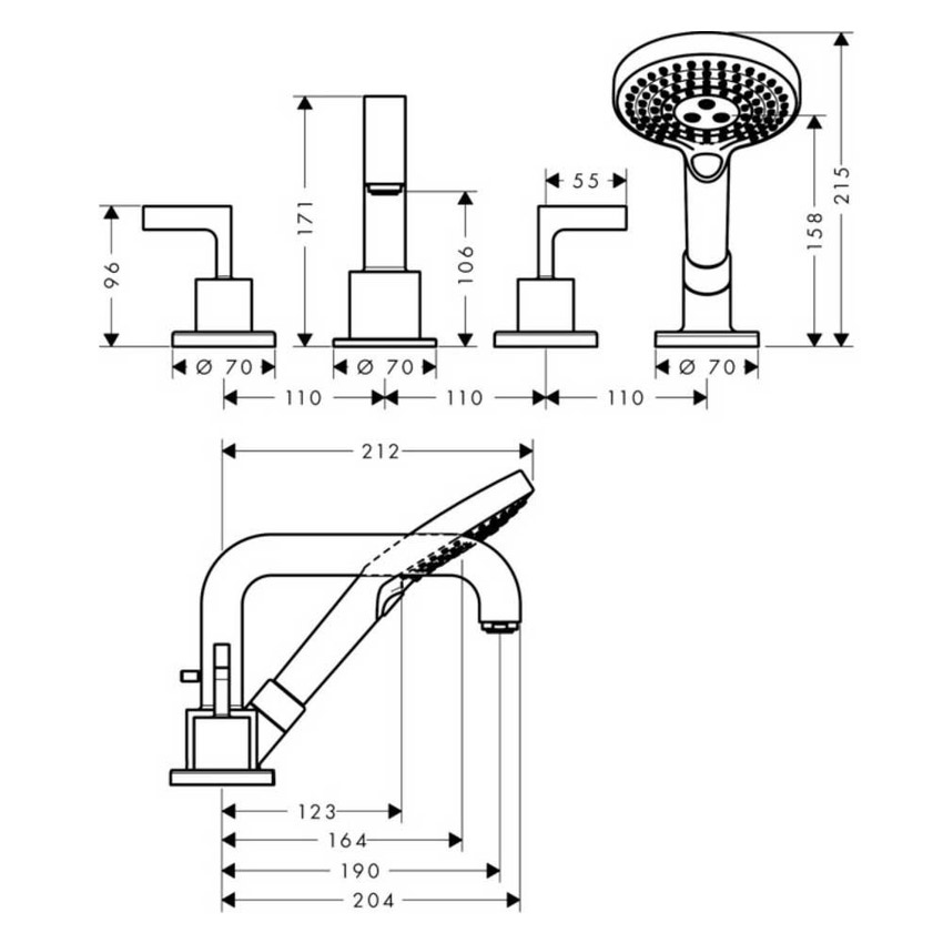 Immagine di Axor CITTERIO rubinetteria 4 fori, per bordo vasca, con maniglie a leva, senza piastre, finitura cromo 39446000