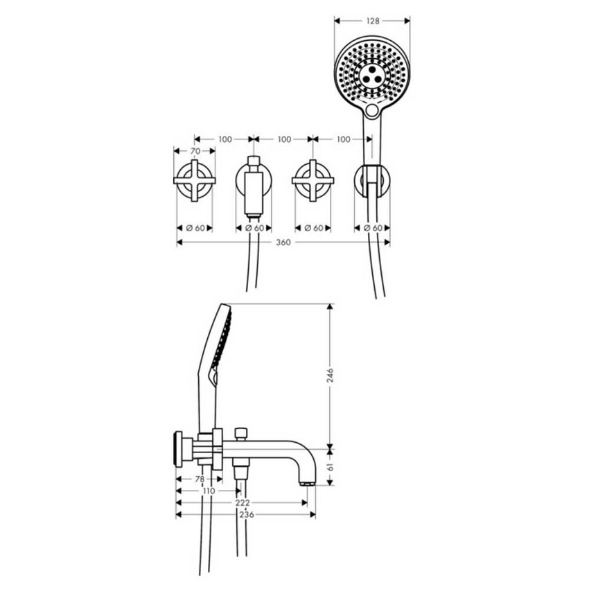 Immagine di Axor CITTERIO rubinetteria 3 fori, per bordo vasca, ad incasso a parete, con maniglie a croce e piastrine, finitura cromo 39447000