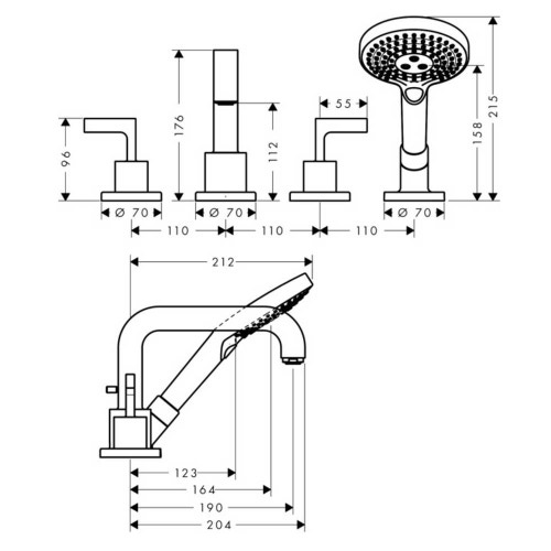 Immagine di Axor CITTERIO rubinetteria 4 fori, per bordo vasca piastrellato, con maniglie a leva e piastrine, finitura cromo 39454000
