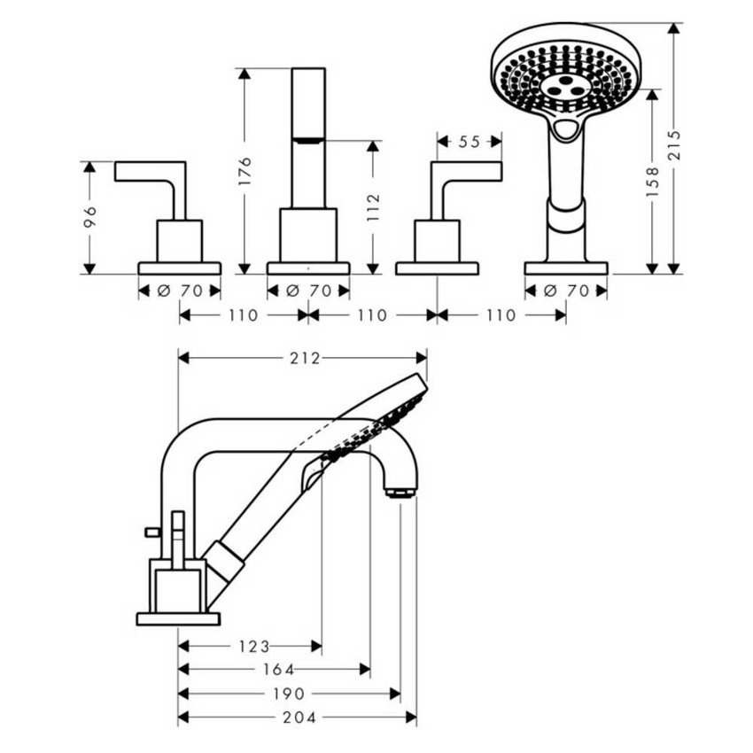 Immagine di Axor CITTERIO rubinetteria 4 fori, per bordo vasca piastrellato, con maniglie a leva e piastrine, finitura cromo 39454000