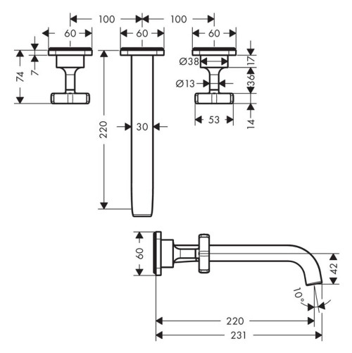 Immagine di Axor CITTERIO E rubinetteria 3 fori lavabo, ad incasso a parete, con bocca d'erogazione 22 cm e piastrine, finitura cromo 36107000