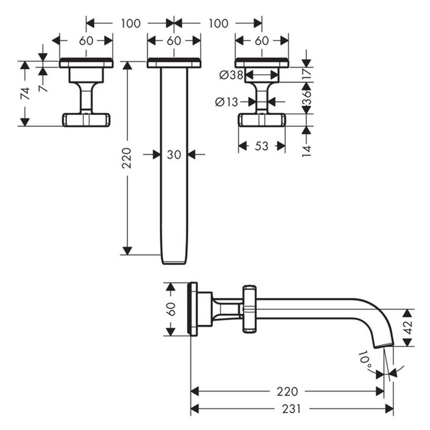 Immagine di Axor CITTERIO E rubinetteria 3 fori lavabo, ad incasso a parete, con bocca d'erogazione 22 cm e piastrine, finitura cromo 36107000