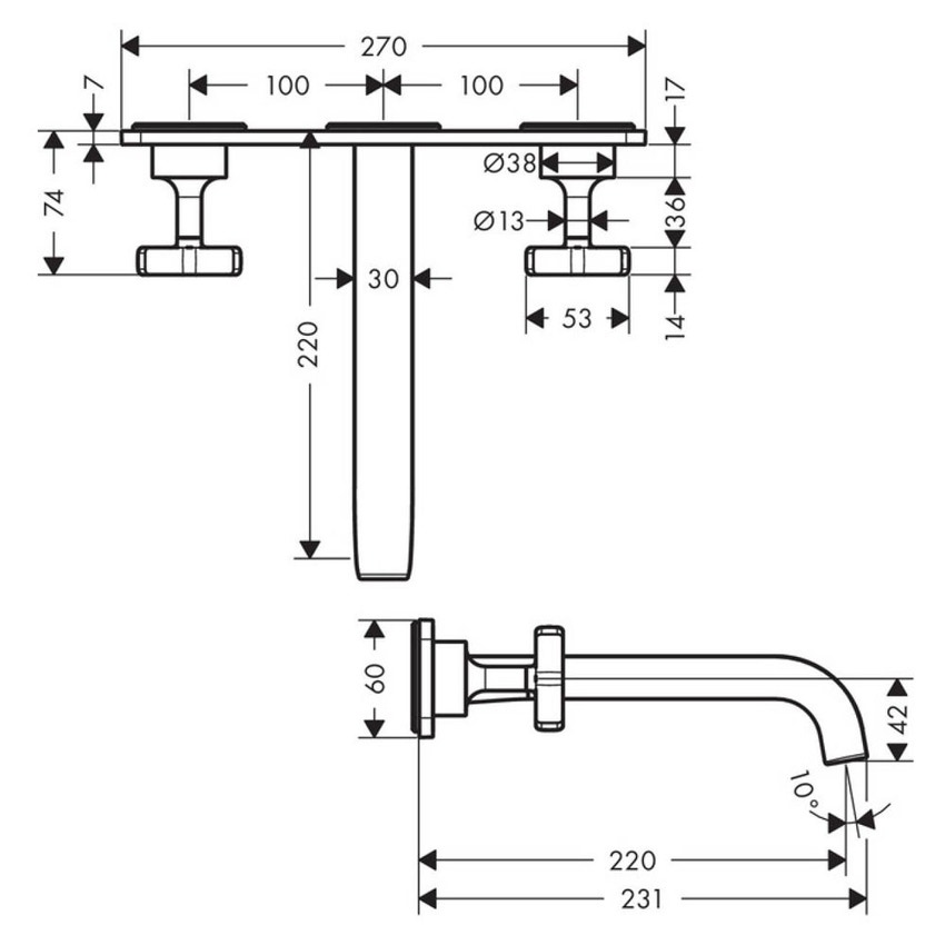 Immagine di Axor CITTERIO E rubinetteria 3 fori lavabo, ad incasso a parete, con bocca d'erogazione 22 cm e piastra, finitura cromo 36115000