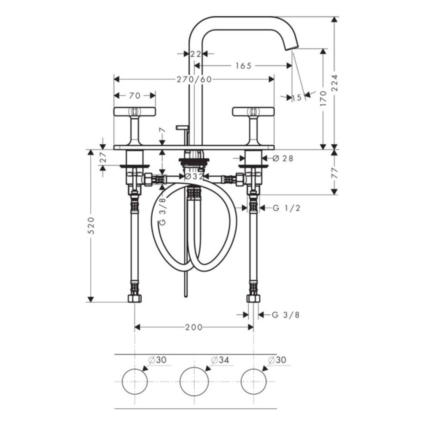 Immagine di Axor CITTERIO E rubinetteria 3 fori lavabo 170, con piastrina e set di scarico pop-up, finitura cromo 36116000