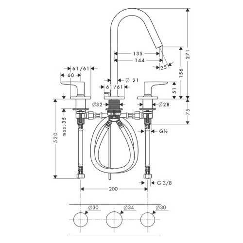 Immagine di Axor CITTERIO M rubinetteria 3 fori lavabo 160, con maniglia a leva, set di scarico pop-up e piastrine, finitura cromo 34133000