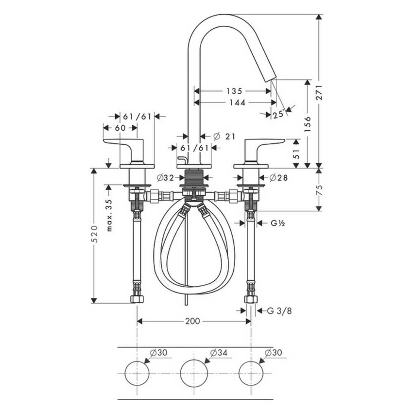 Immagine di Axor CITTERIO M rubinetteria 3 fori lavabo 160, con maniglia a leva, set di scarico pop-up e piastrine, finitura cromo 34133000