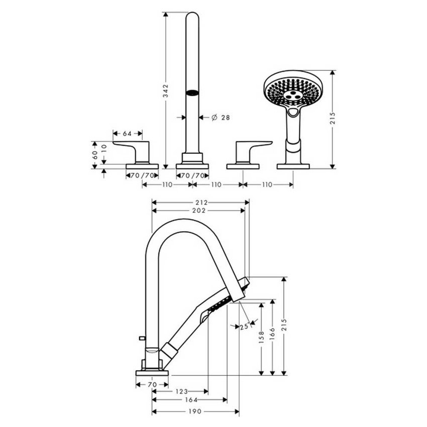 Immagine di Axor CITTERIO M rubinetteria 4 fori, per vasca con bordo piastrellato, con maniglie a leva e piastrine, finitura cromo 34454000