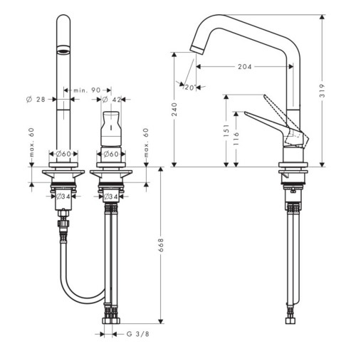 Immagine di Axor CITTERIO M rubinetteria cucina 2 fori 240, con bocca d'erogazione orientabile, finitura cromo 34820000