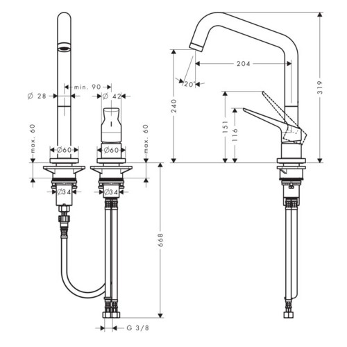 Immagine di Axor CITTERIO M rubinetteria cucina 2 fori 240, con bocca d'erogazione orientabile, finitura acciaio inox 34820800