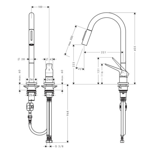 Immagine di Axor CITTERIO M rubinetteria cucina 2 fori 220, con doccetta estraibile, finitura cromo 34822000