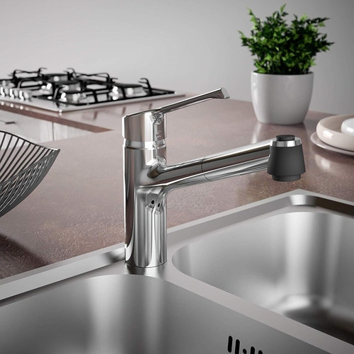 Immagine di Ideal Standard RETTA miscelatore monocomando da appoggio su lavello, bocca di erogazione orientabile ed estraibile a 2 funzioni, cromo B8987AA