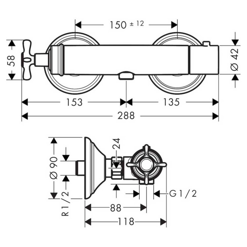 Immagine di Axor MONTREUX miscelatore termostatico doccia, esterno, con maniglia a croce, finitura cromo 16261000
