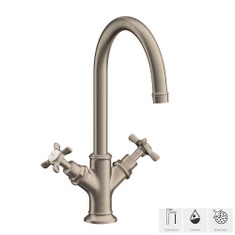 Immagine di Axor MONTREUX miscelatore lavabo 2 maniglie 120, con maniglie a croce e set di scarico pop-up, finitura nichel spazzolato 16502820