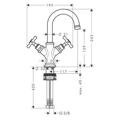 Immagine di Axor MONTREUX miscelatore lavabo 2 maniglie 160, con maniglie a croce e set di scarico pop-up, finitura cromo 16505000
