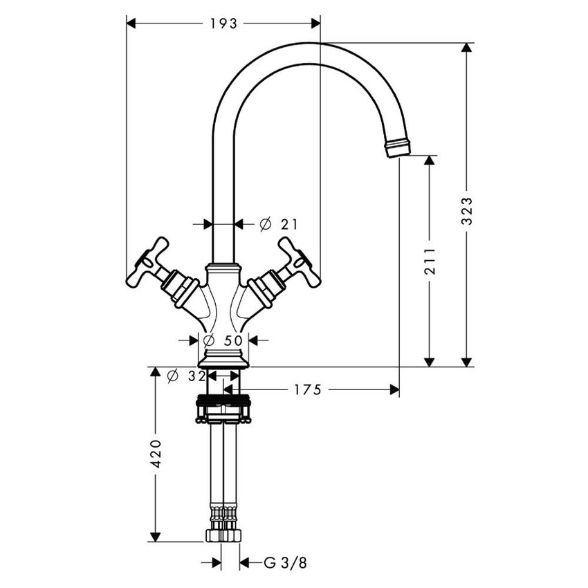 Immagine di Axor MONTREUX miscelatore lavabo 2 maniglie 210, con maniglie a croce e set di scarico, finitura cromo 16506000