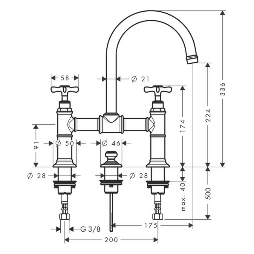 Immagine di Axor MONTREUX miscelatore lavabo 2 maniglie 220, con maniglie a croce e set di scarico pop-up, finitura cromo 16510000