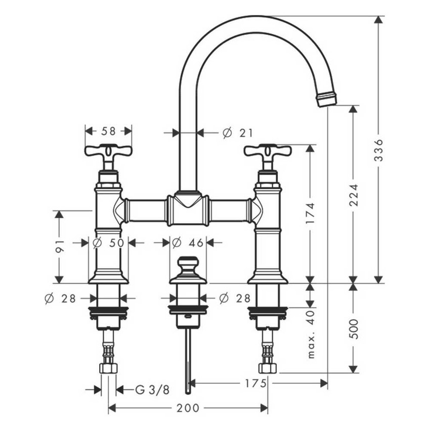Immagine di Axor MONTREUX miscelatore lavabo 2 maniglie 220, con maniglie a croce e set di scarico pop-up, finitura nichel spazzolato 16510820