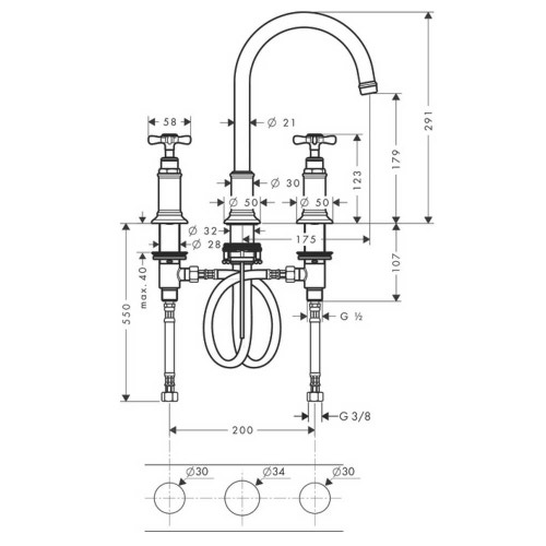Immagine di Axor MONTREUX rubinetteria 3 fori lavabo 180, con maniglie a croce e set di scarico pop-up, finitura cromo 16513000