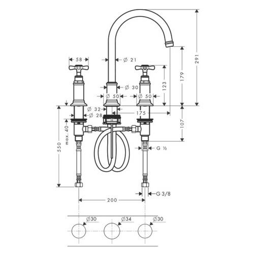 Immagine di Axor MONTREUX rubinetteria 3 fori lavabo 180, con maniglie a croce e set di scarico pop-up, finitura nichel spazzolato 16513820