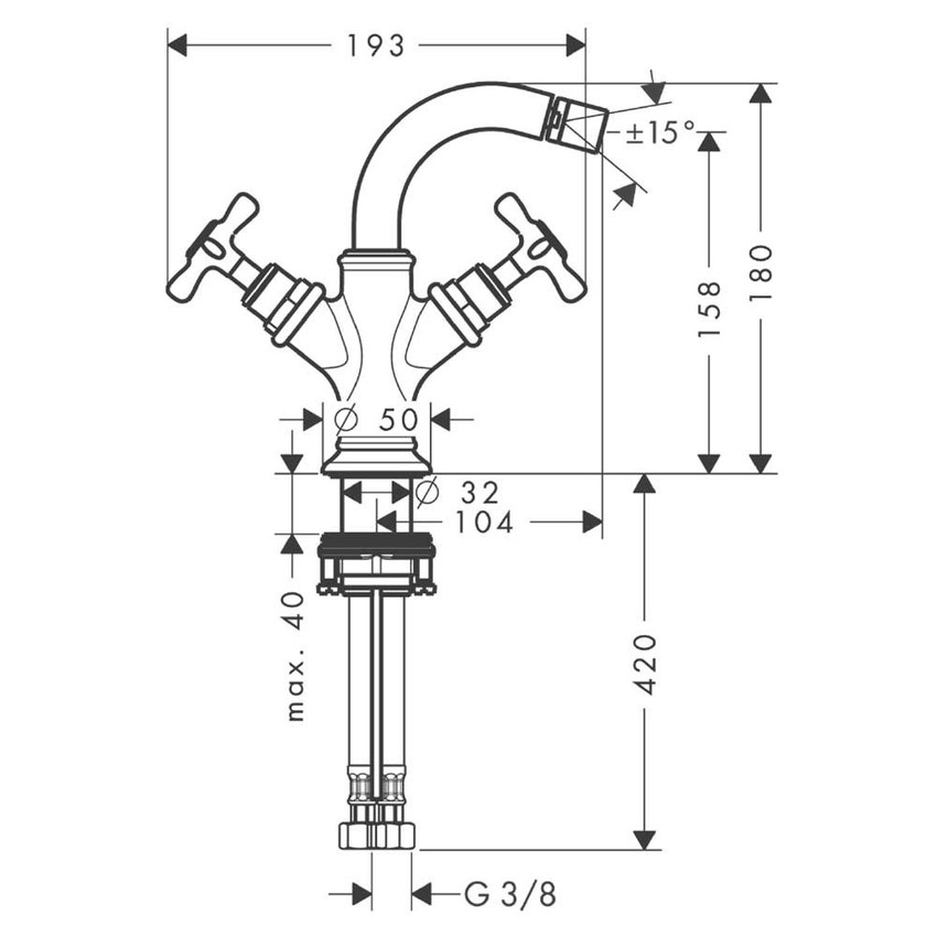 Immagine di Axor MONTREUX miscelatore bidet a 2 maniglie, con maniglie a croce e set di scarico pop-up, finitura nichel spazzolato 16520820