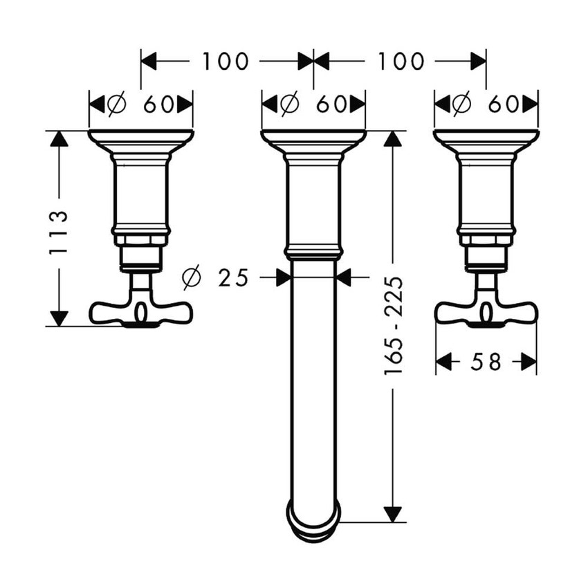Immagine di Axor MONTREUX rubinetteria 3 fori lavabo, ad incasso a parete, con bocca d'erogazione 16,5-22,5 cm e maniglie a croce, finitura cromo 16532000