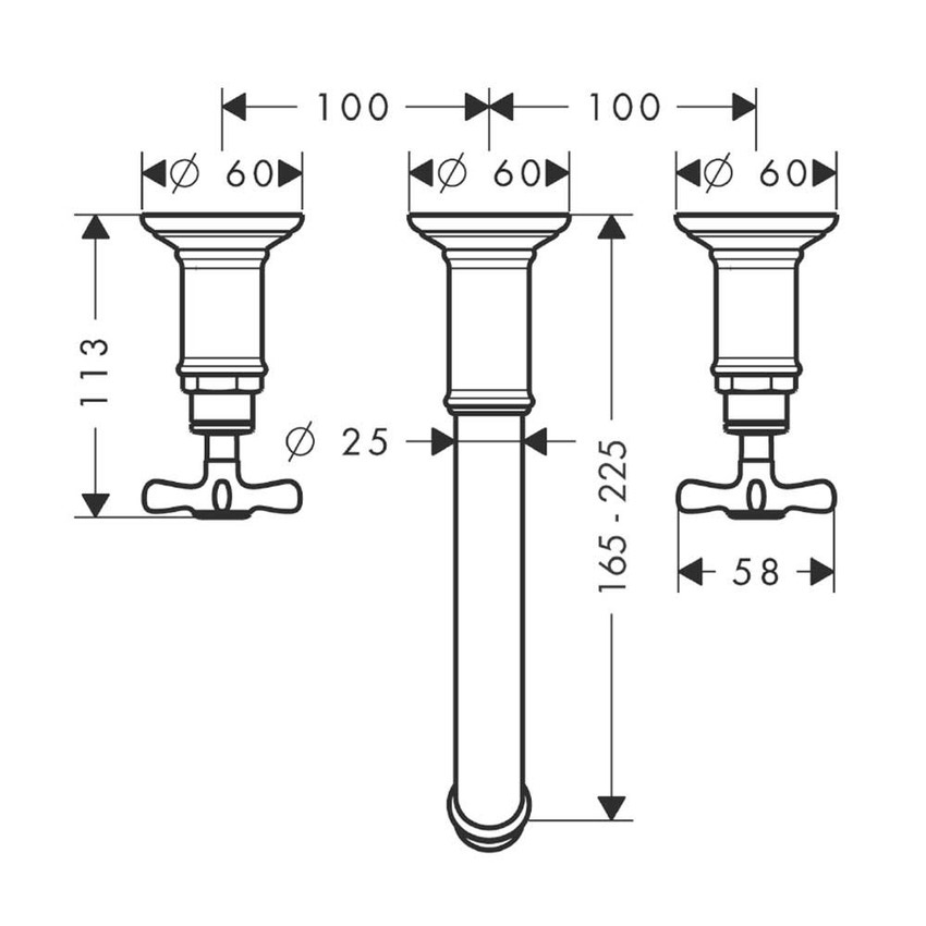 Immagine di Axor MONTREUX rubinetteria 3 fori lavabo, incasso a parete, con bocca d'erogazione 16,5-22,5 cm e maniglie a croce, finitura nichel spazzolato 16532820
