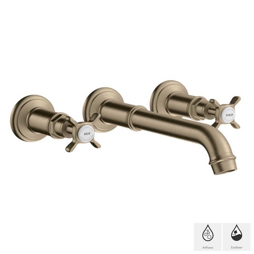 Immagine di Axor MONTREUX rubinetteria 3 fori lavabo, incasso a parete, con bocca d'erogazione 16,5-22,5 cm e maniglie a croce, finitura nichel spazzolato 16532820