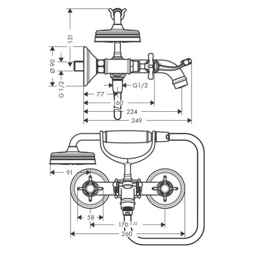 Immagine di Axor MONTREUX miscelatore vasca 2 maniglie, esterno, con maniglie a croce, finitura cromo 16540000