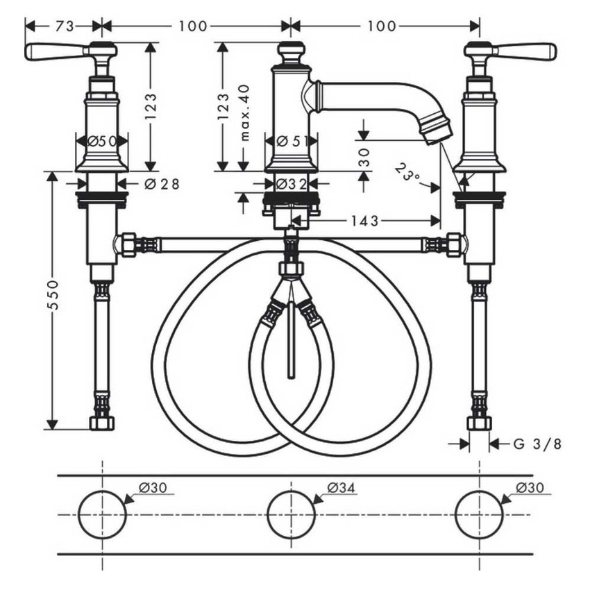 Immagine di Axor MONTREUX rubinetteria 3 fori lavabo con maniglie a leva 30, finitura cromo 16535000