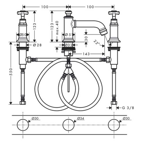 Immagine di Axor MONTREUX rubinetteria 3 fori lavabo con maniglie a croce 30, finitura cromo 16536000