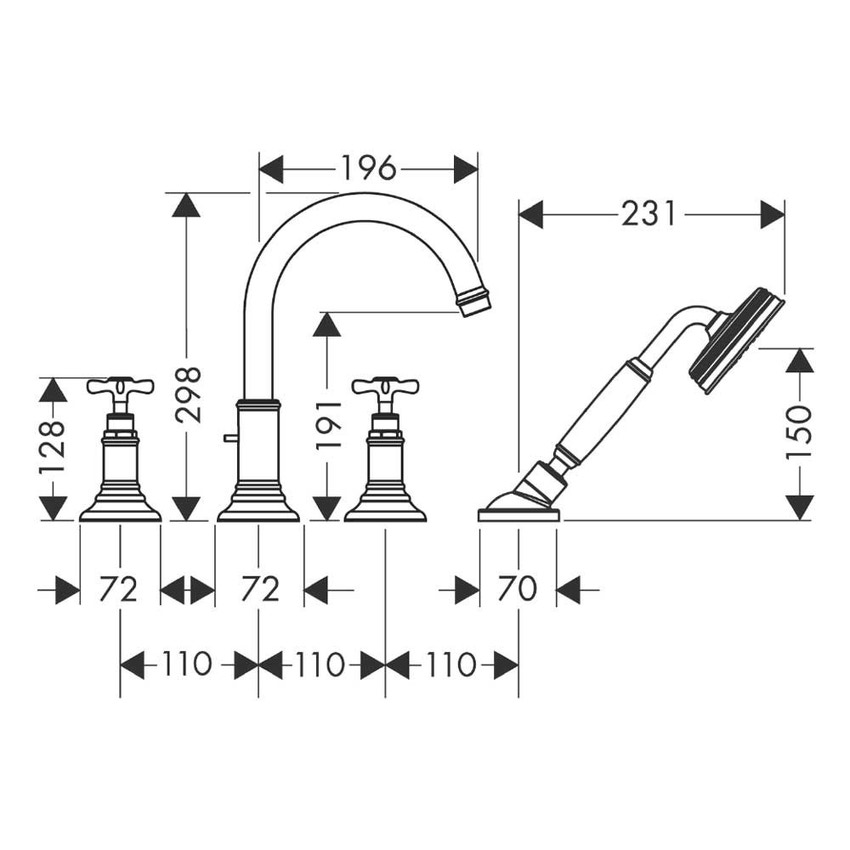 Immagine di Axor MONTREUX rubinetteria 4 fori, per vasca, montaggio su bordo piastrellato, con maniglie a croce, finitura cromo 16544000