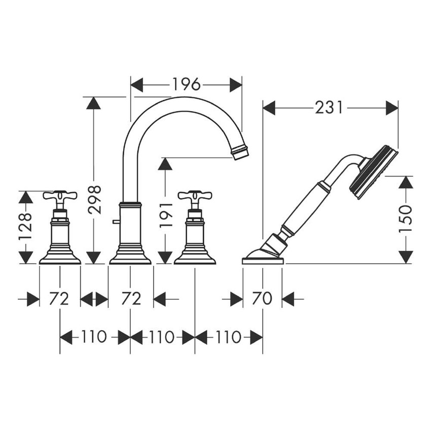 Immagine di Axor MONTREUX rubinetteria 4 fori, per vasca, montaggio su bordo piastrellato, con maniglie a croce, finitura nichel spazzolato 16544820