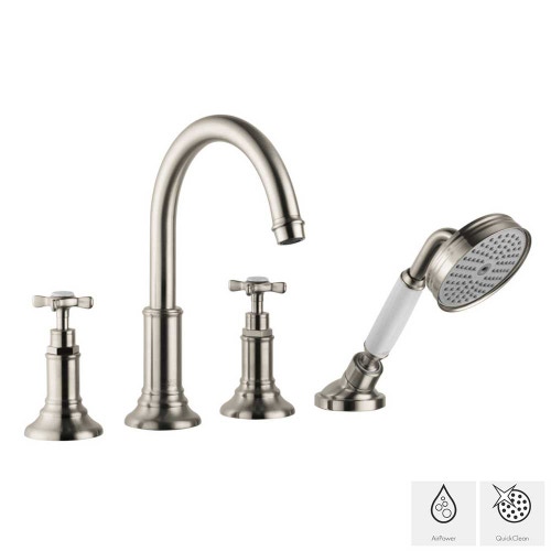 Immagine di Axor MONTREUX rubinetteria 4 fori, per vasca, montaggio su bordo piastrellato, con maniglie a croce, finitura nichel spazzolato 16544820