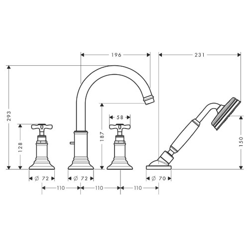 Immagine di Axor MONTREUX rubinetteria 4 fori bordo vasca, maniglie a croce, finitura nichel spazzolato 16546820