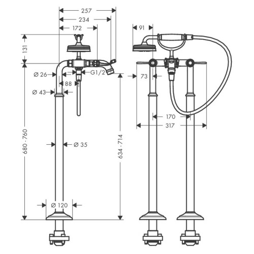Immagine di Axor MONTREUX set esterno rubinetteria 2 maniglie a leva per vasca a pavimento, finitura cromo 16553000