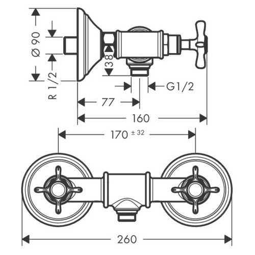 Immagine di Axor MONTREUX miscelatore vasca a 2 maniglie, esterno, con maniglie a croce, finitura cromo 16560000