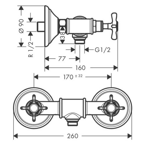 Immagine di Axor MONTREUX miscelatore vasca a 2 maniglie, esterno, con maniglie a croce, finitura nichel spazzolato 16560820