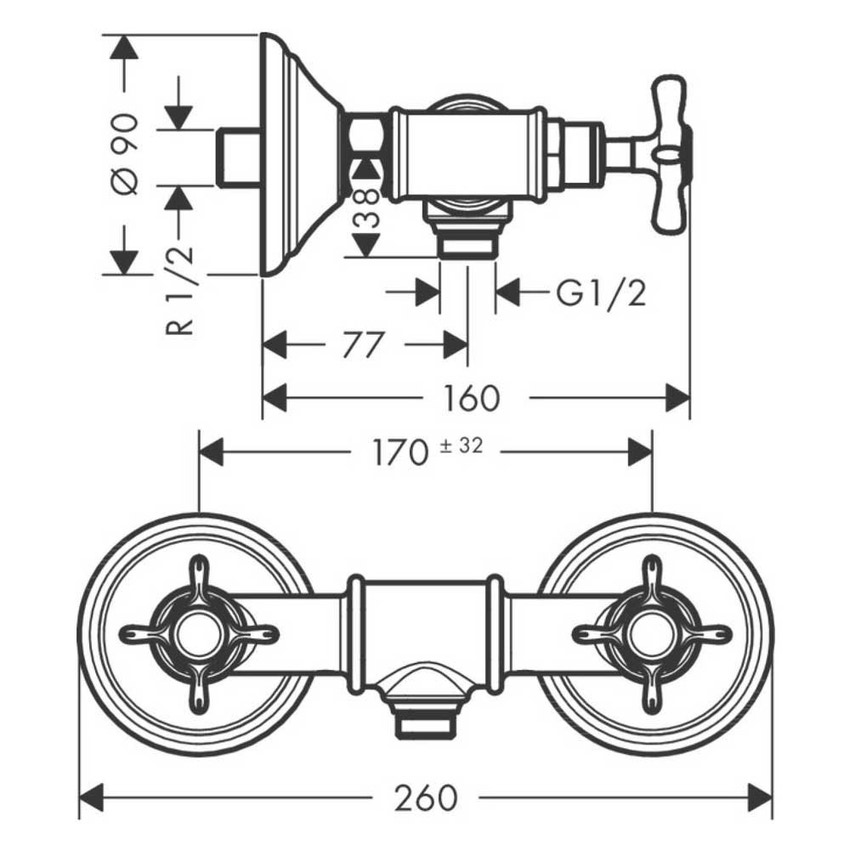 Immagine di Axor MONTREUX miscelatore vasca a 2 maniglie, esterno, con maniglie a croce, finitura nichel spazzolato 16560820